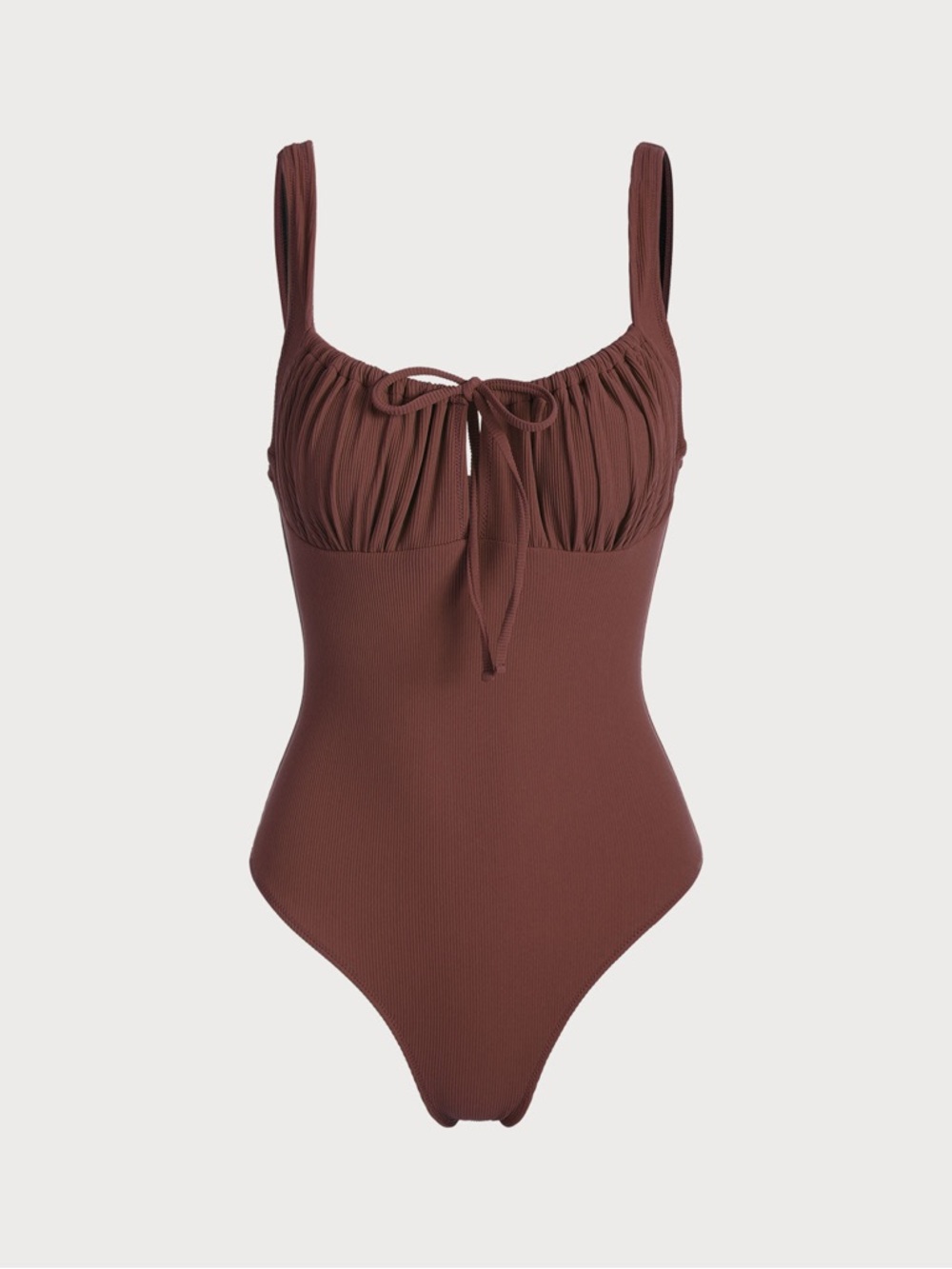 Ribbed Tie-Front One-Piece Swimsuit — Chocolate Brown